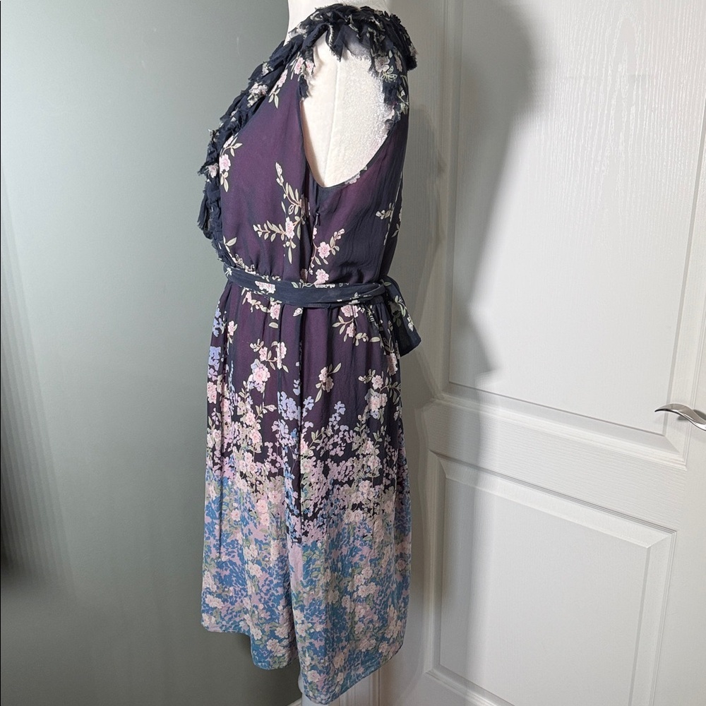 Adrianna Papell Silk Floral Ruffle Dress Size 12 Belted V-Neck Sleeveless - Picture 4 of 12